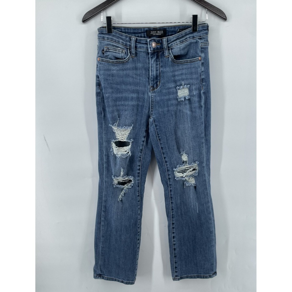 Judy Blue Women Straight Leg Jeans Distressed Junior Sz 7 28 Blue (FITS 26x26*)